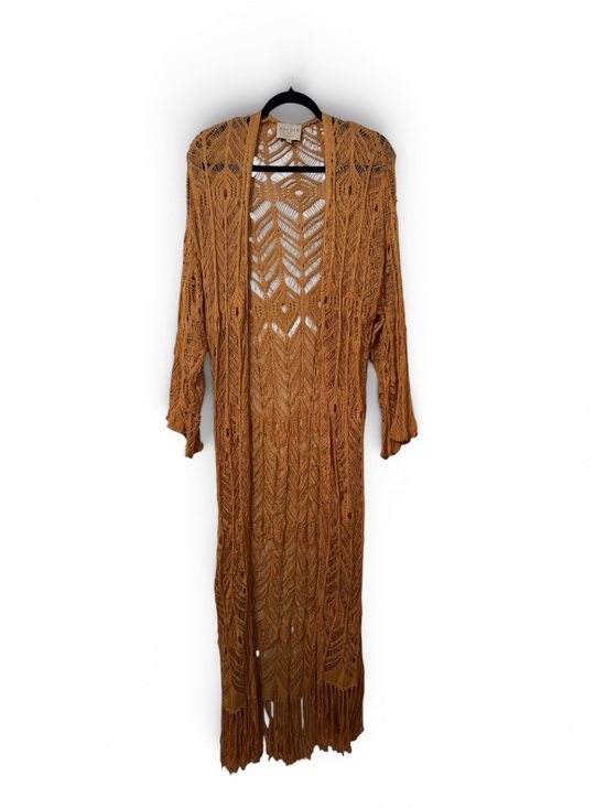 Hayden Los Angeles Sweaters - Long Crochet Fringe Kint Duster Cardigan - Rust Brown Sz Large